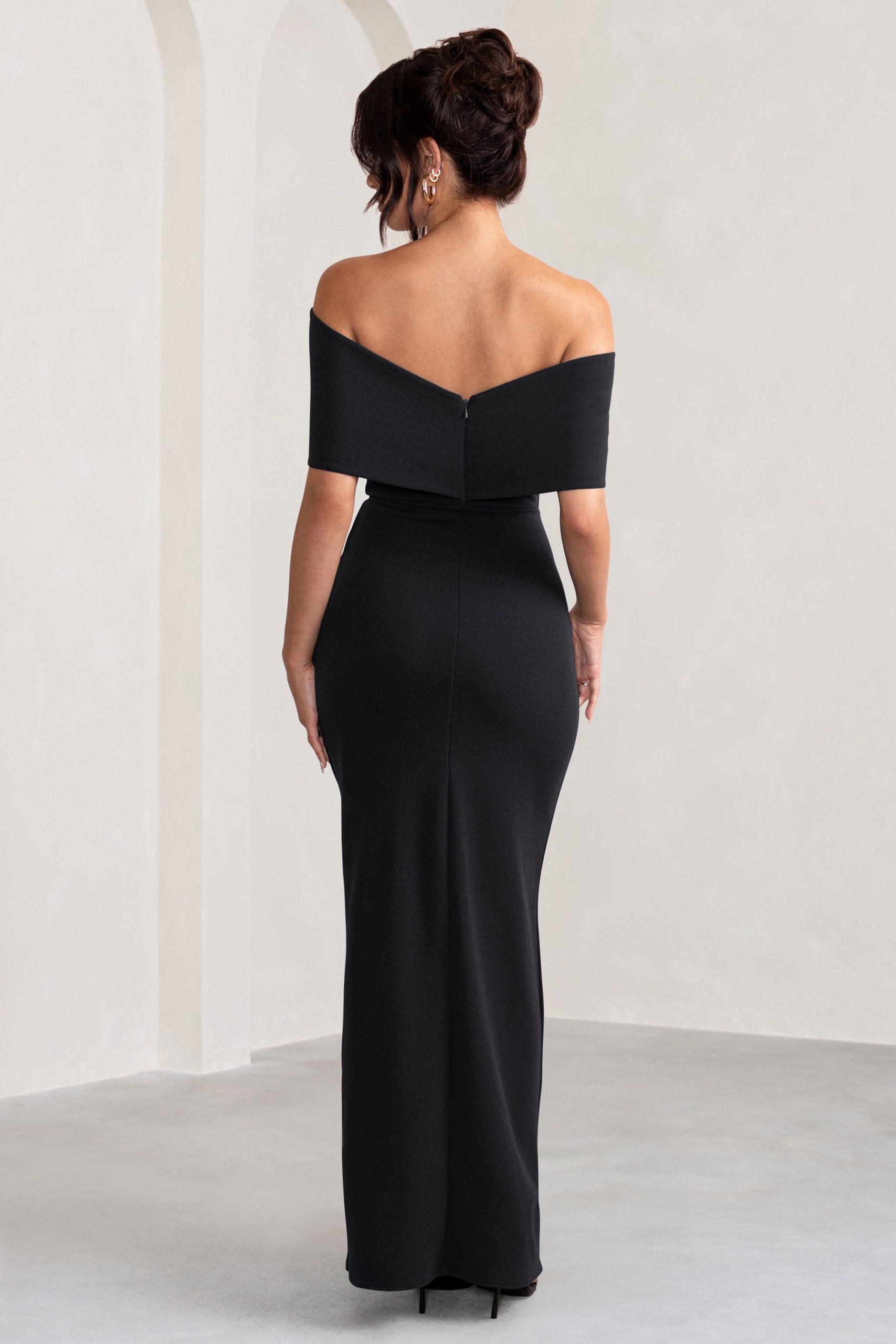 Eva | Black Bardot Bow Detail Maxi Dress With Thigh Split - Image 2