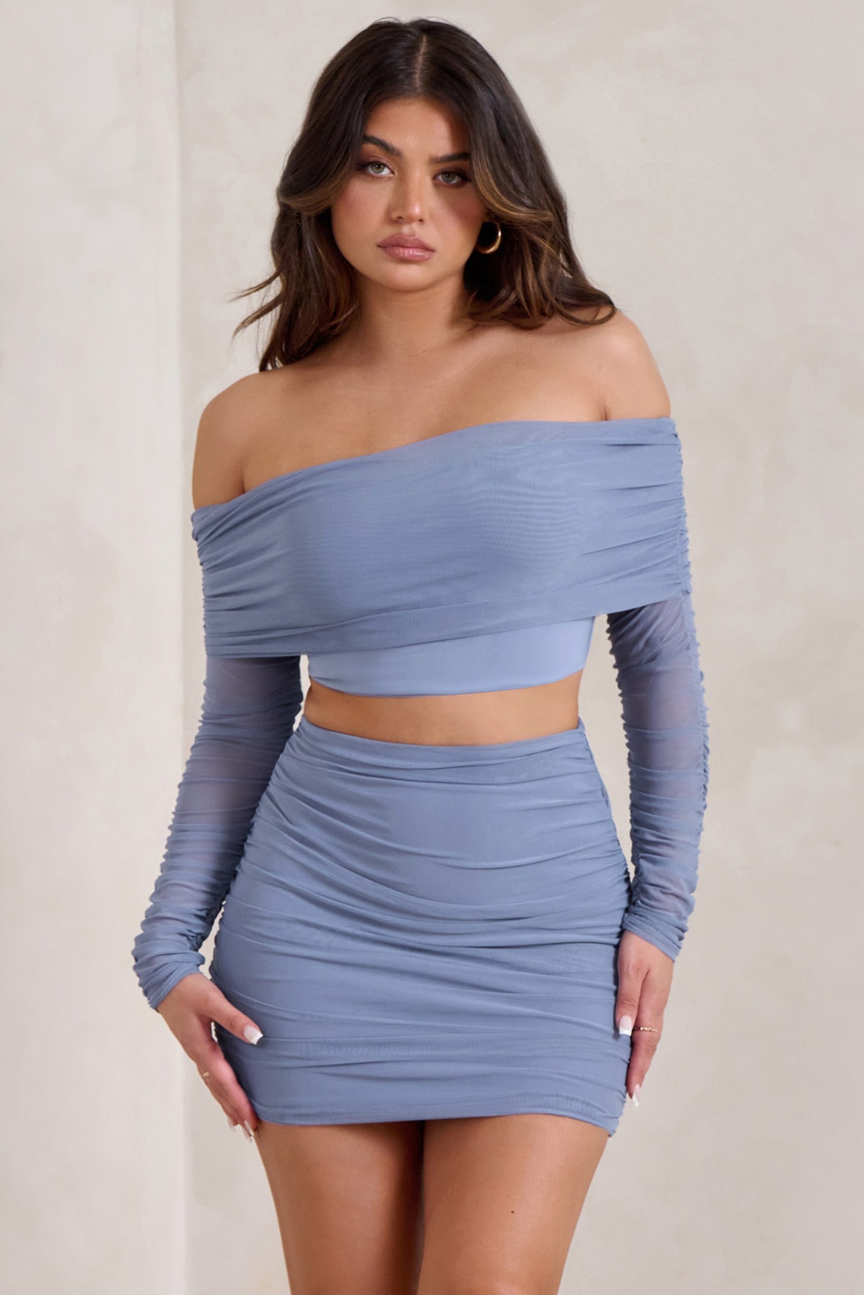 Rule Breaker | Cornflower Blue Ruched Mesh Bardot Crop Top - Image 4