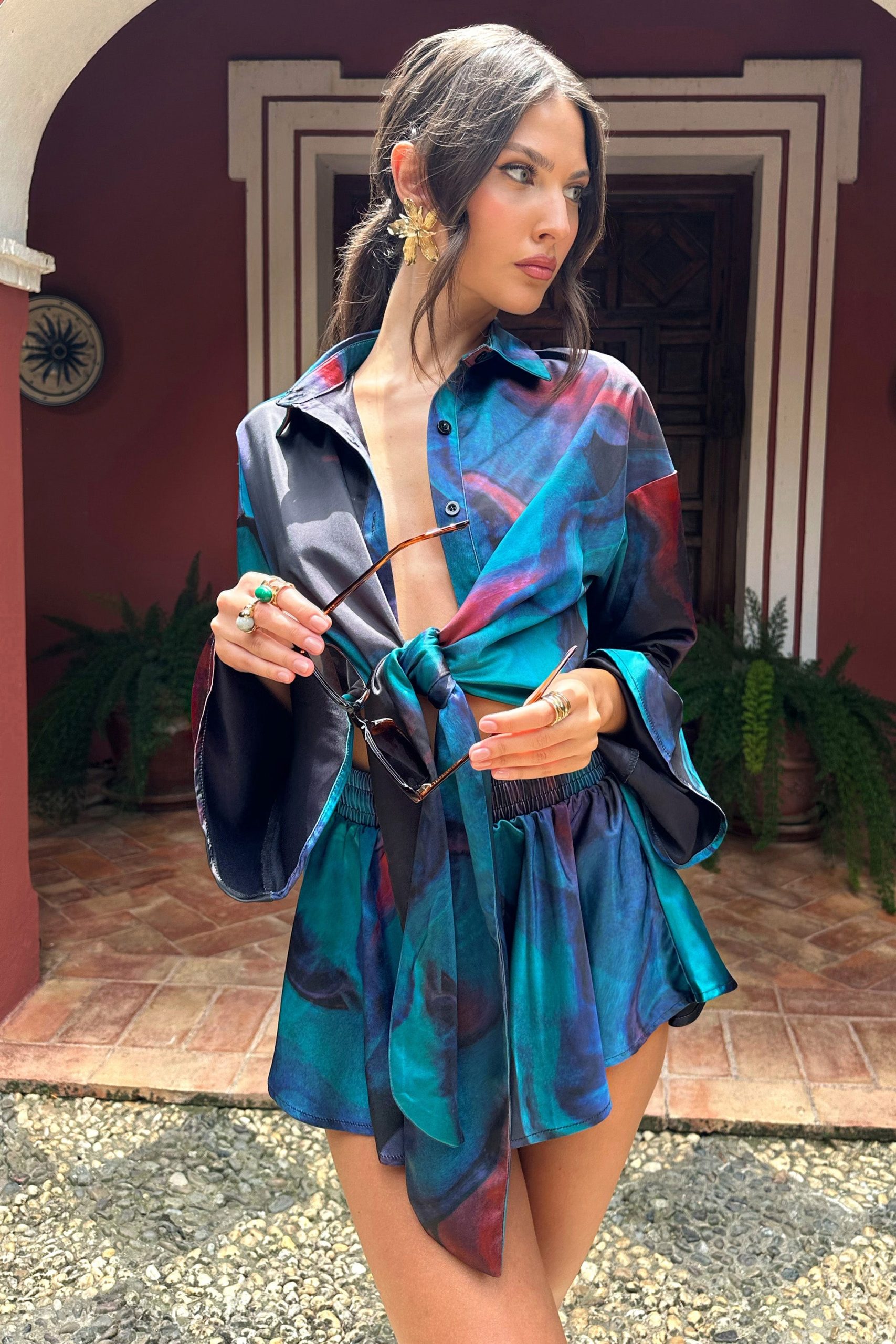 Marisela | Blue Print Satin Flared Sleeve Cropped Shirt - Image 2