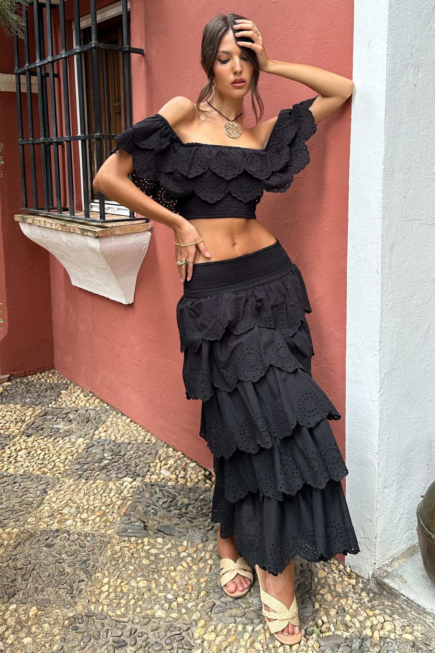 Breathtaking | Black Broderie Ruffled Bardot Crop Top - Image 2