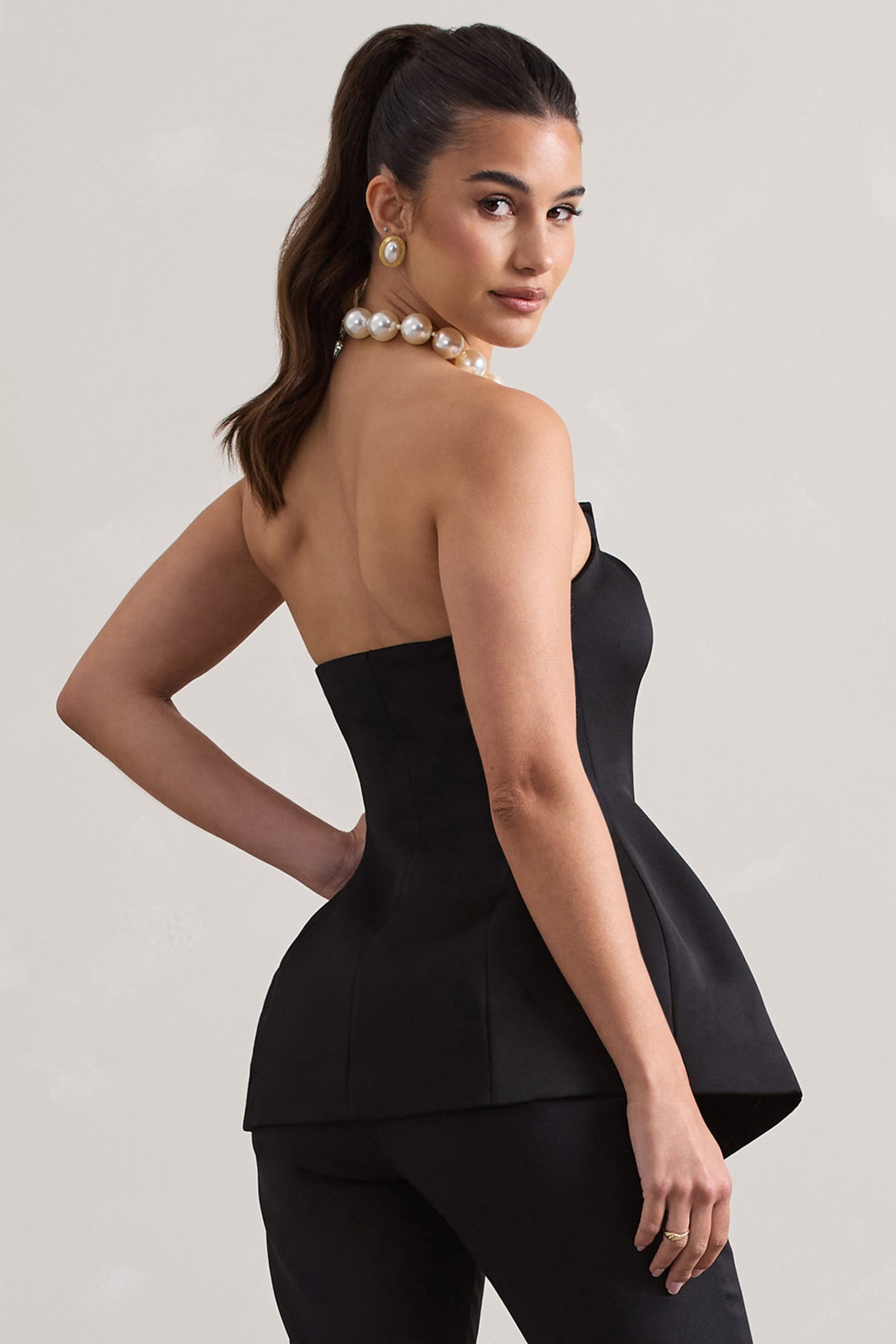 Century | Black Satin Strapless Button Front Corset Top - Image 2