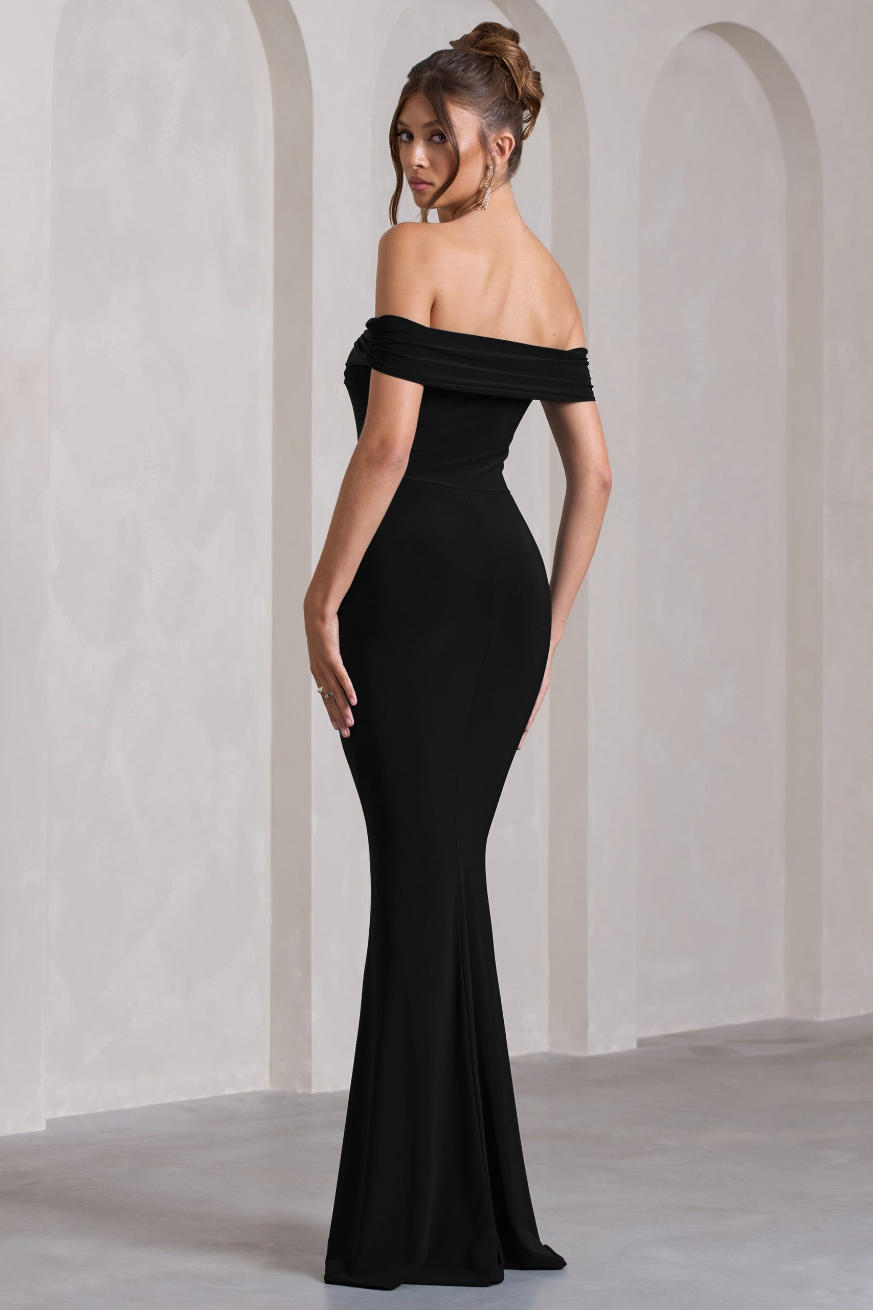 Law of Attraction | Black Bardot Draped Split Maxi Dress - Image 2