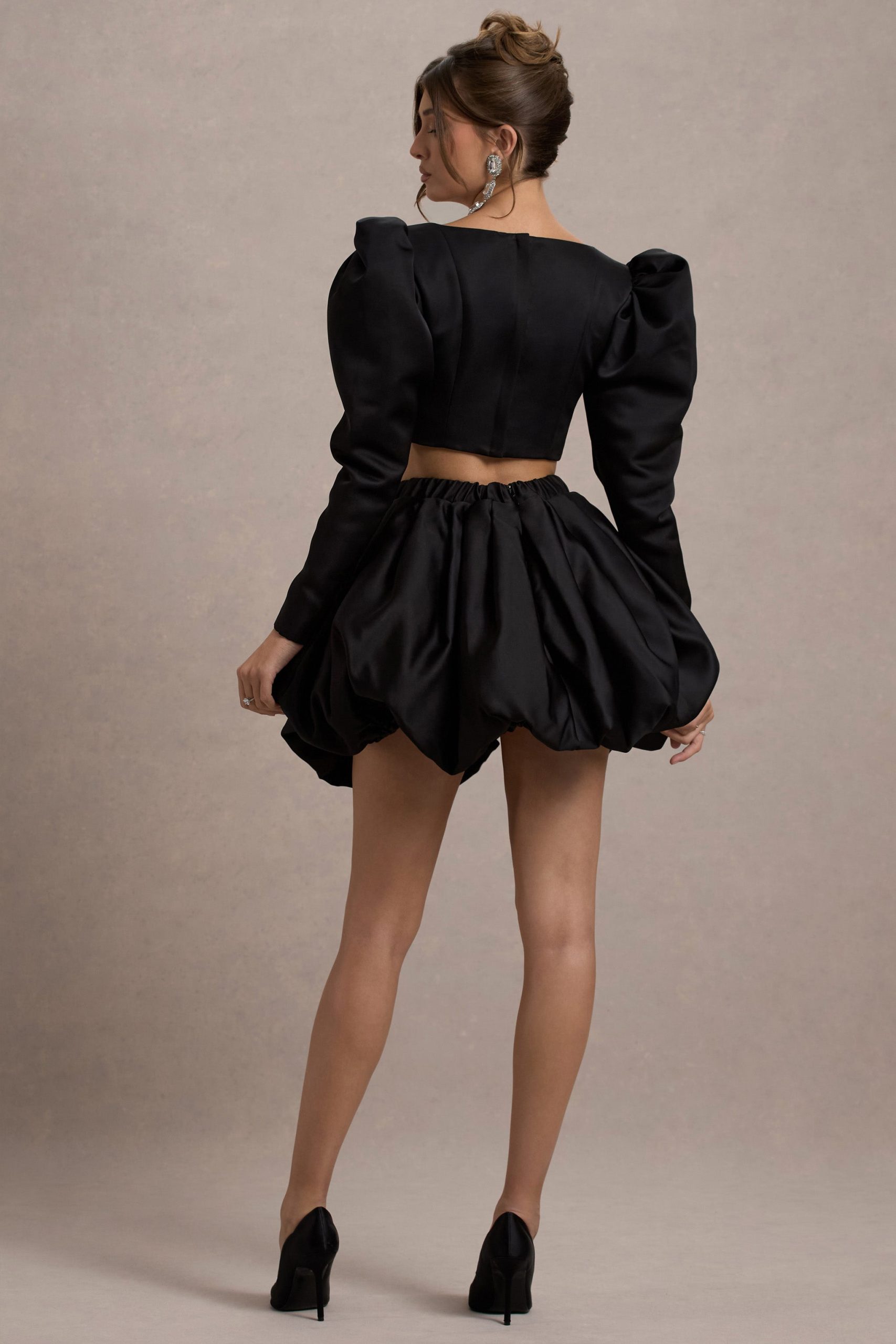 Tosca | Black Satin Bubble Mini Skirt - Image 2