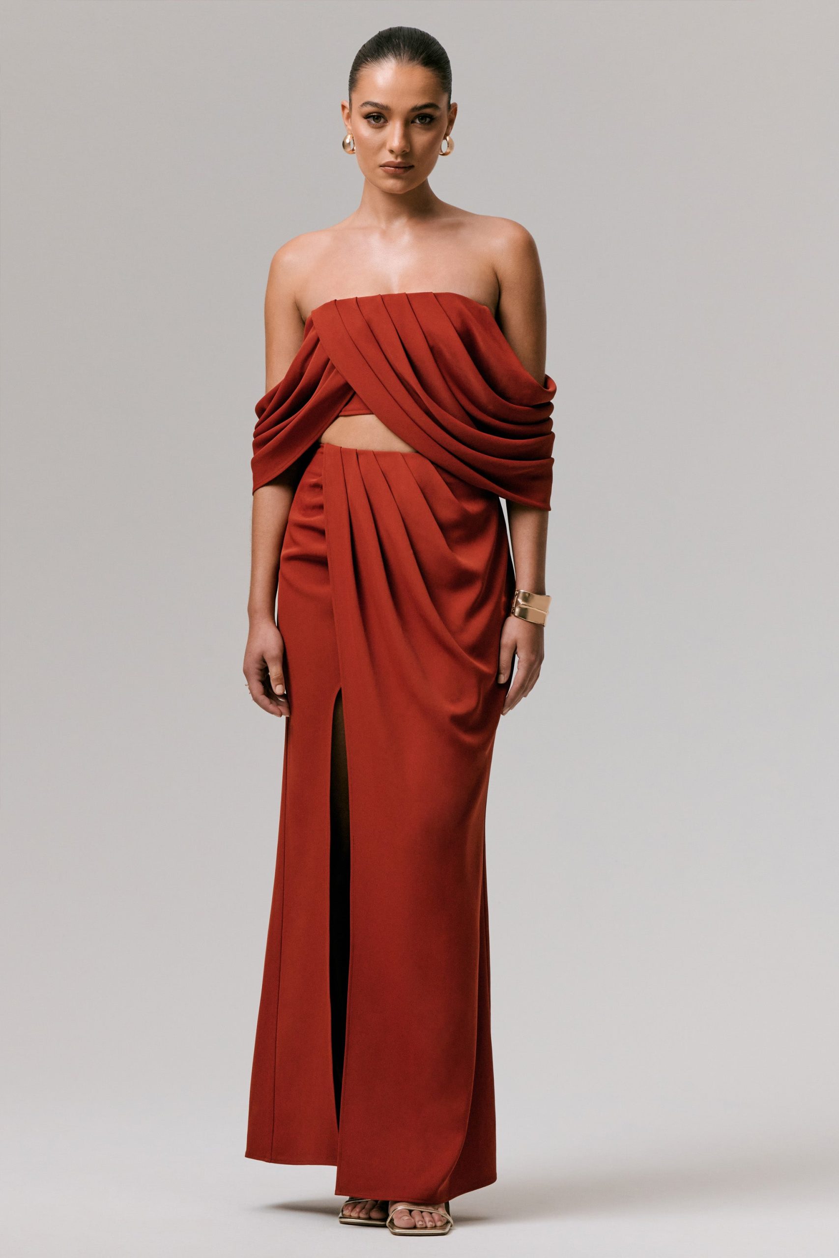 Talika | Terracotta Bardot Crop-Top With Draped Sleeves - Image 3