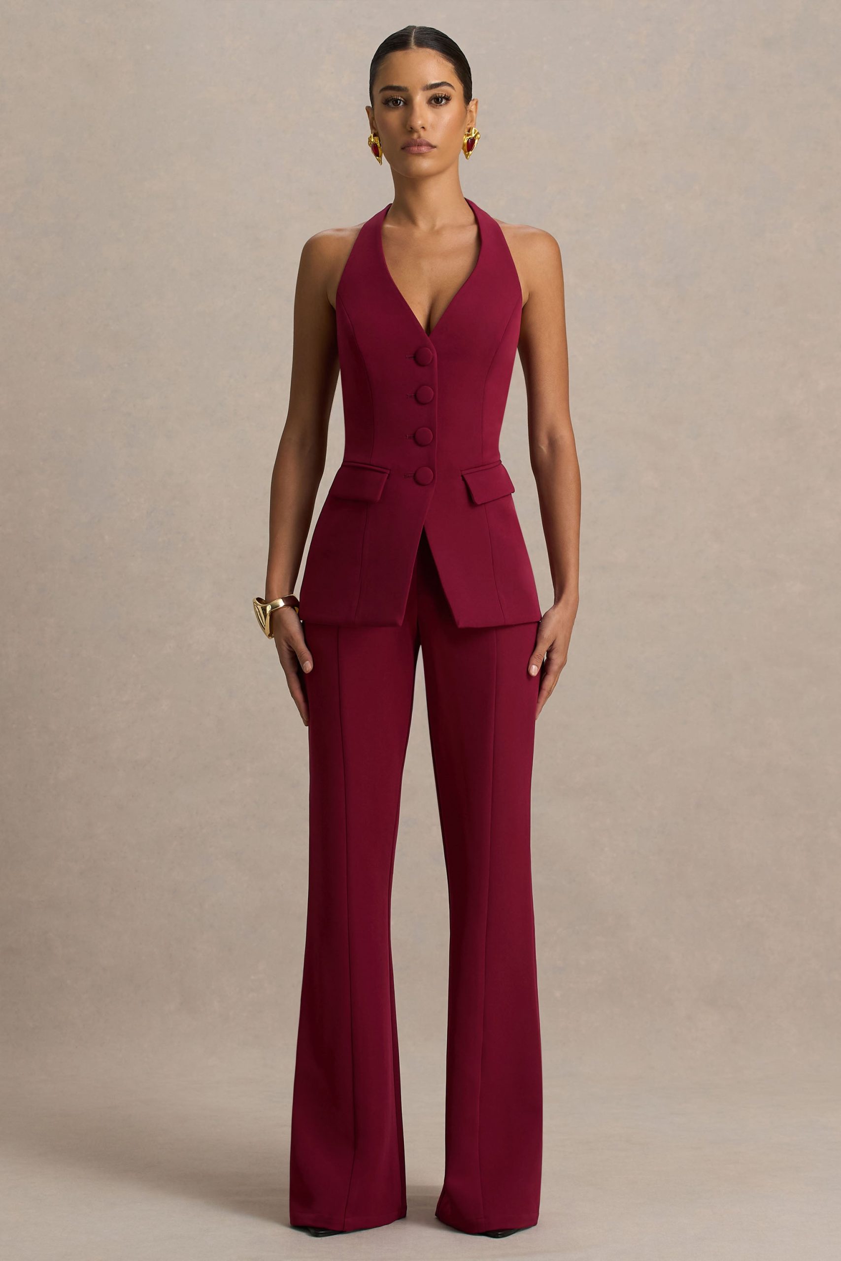 Carina | Burgundy Flared-Leg Tailored Trousers - Image 5