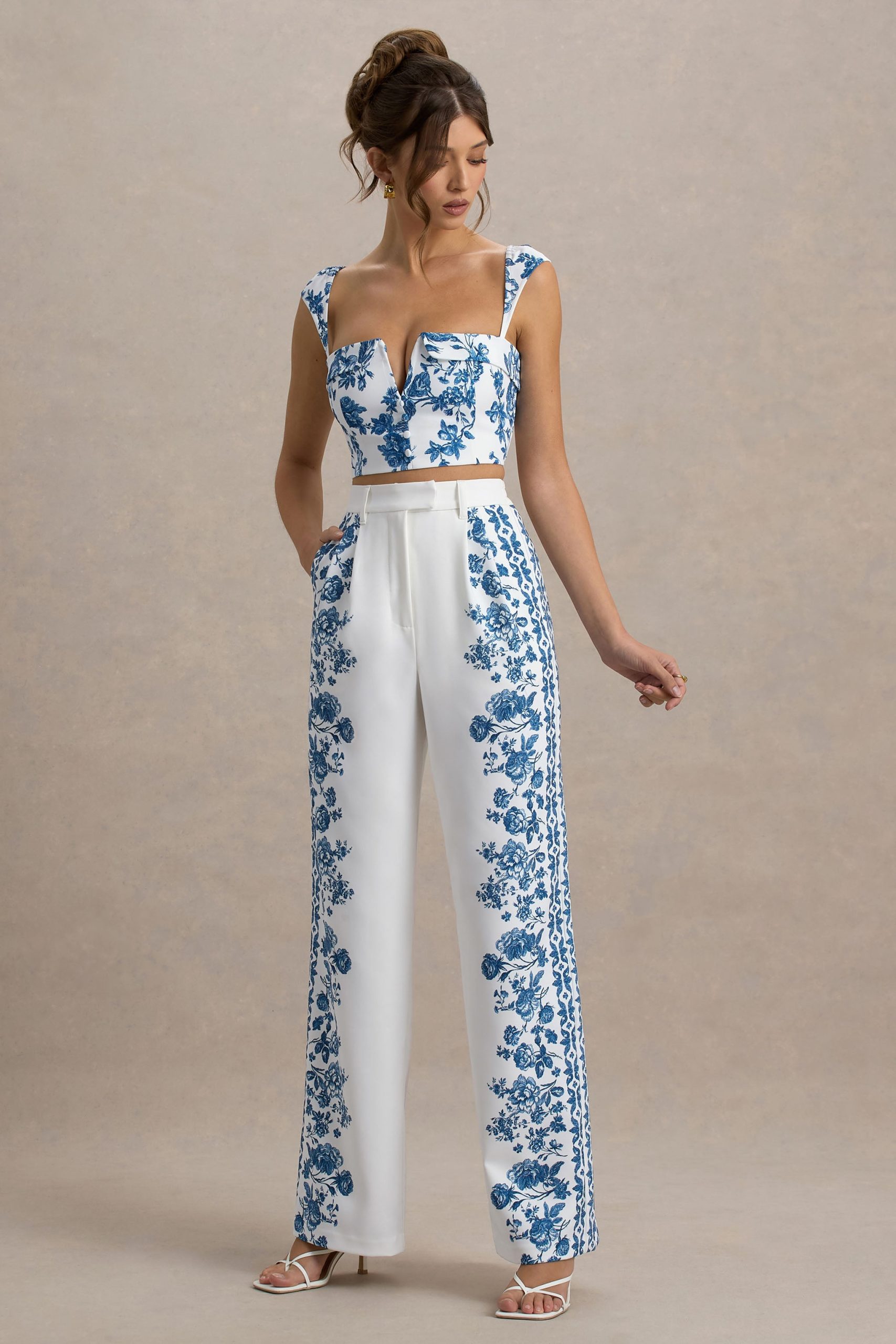Zelie | Blue Porcelain Print Wide-Leg Trousers - Image 2