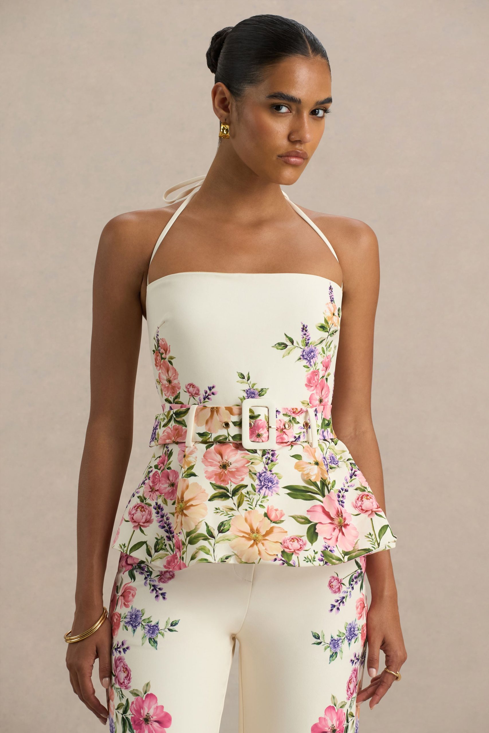 Maud | White Floral Border Print Square-Neck Tailored Top - Image 3