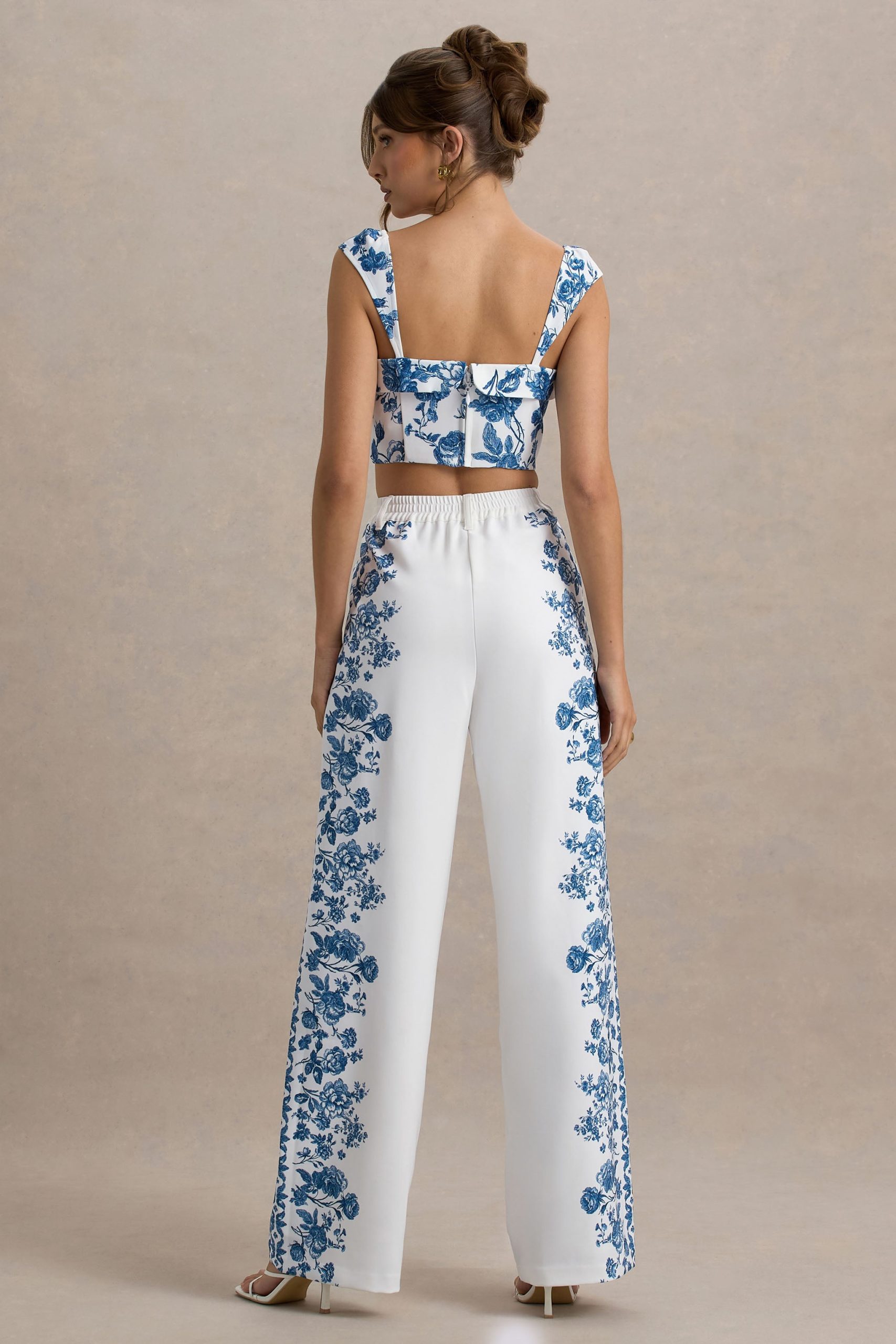 Zelie | Blue Porcelain Print Wide-Leg Trousers - Image 3