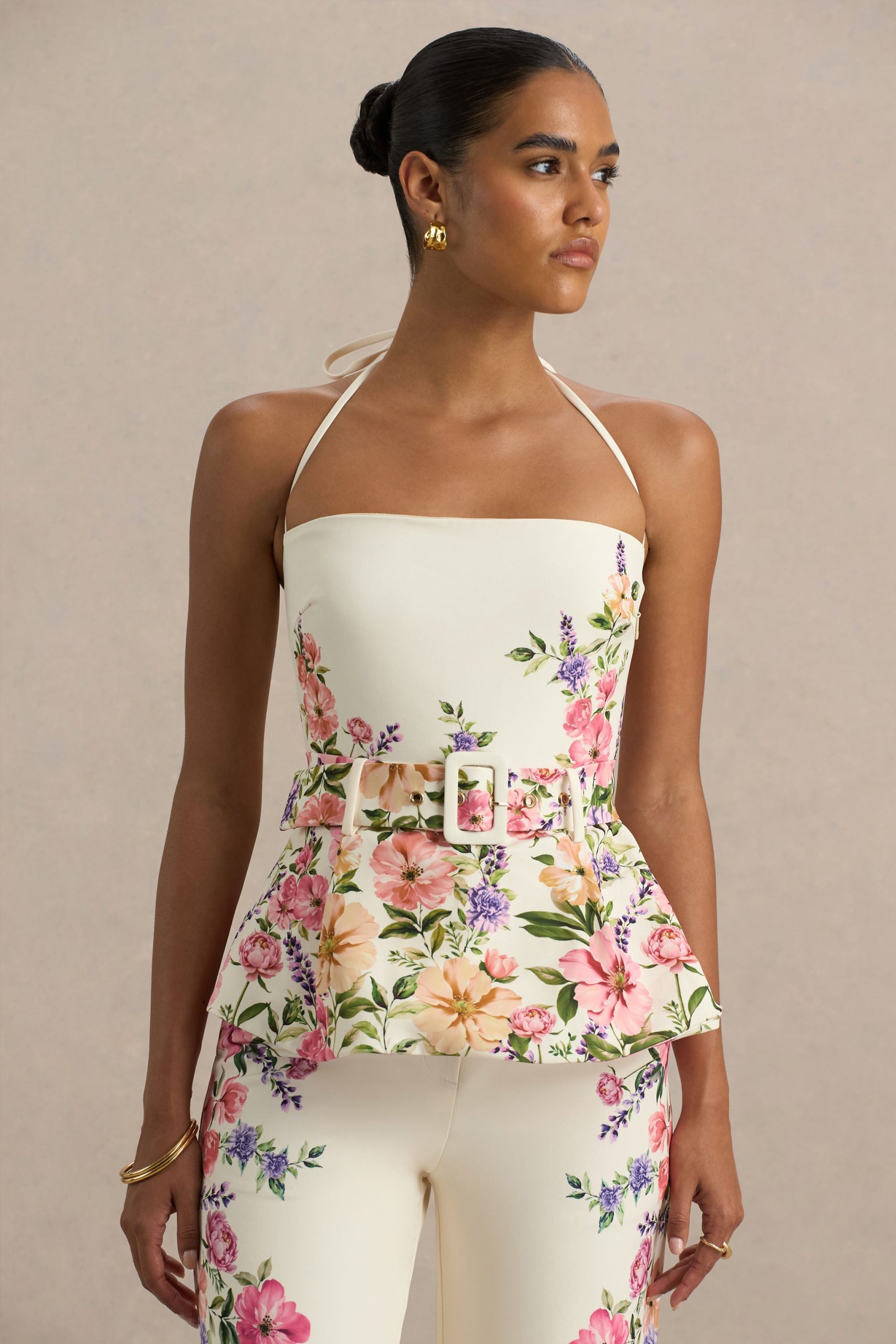 Maud | White Floral Border Print Square-Neck Tailored Top - Image 5