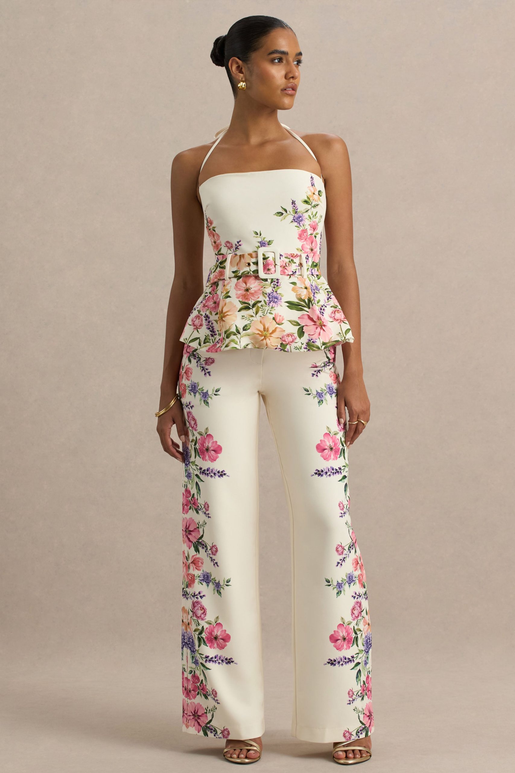 Solana | White Floral Border Print Wide-Leg Trousers - Image 7