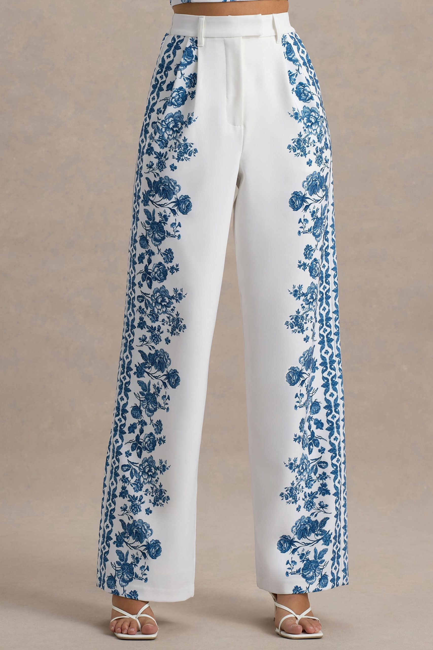 Zelie | Blue Porcelain Print Wide-Leg Trousers - Image 4