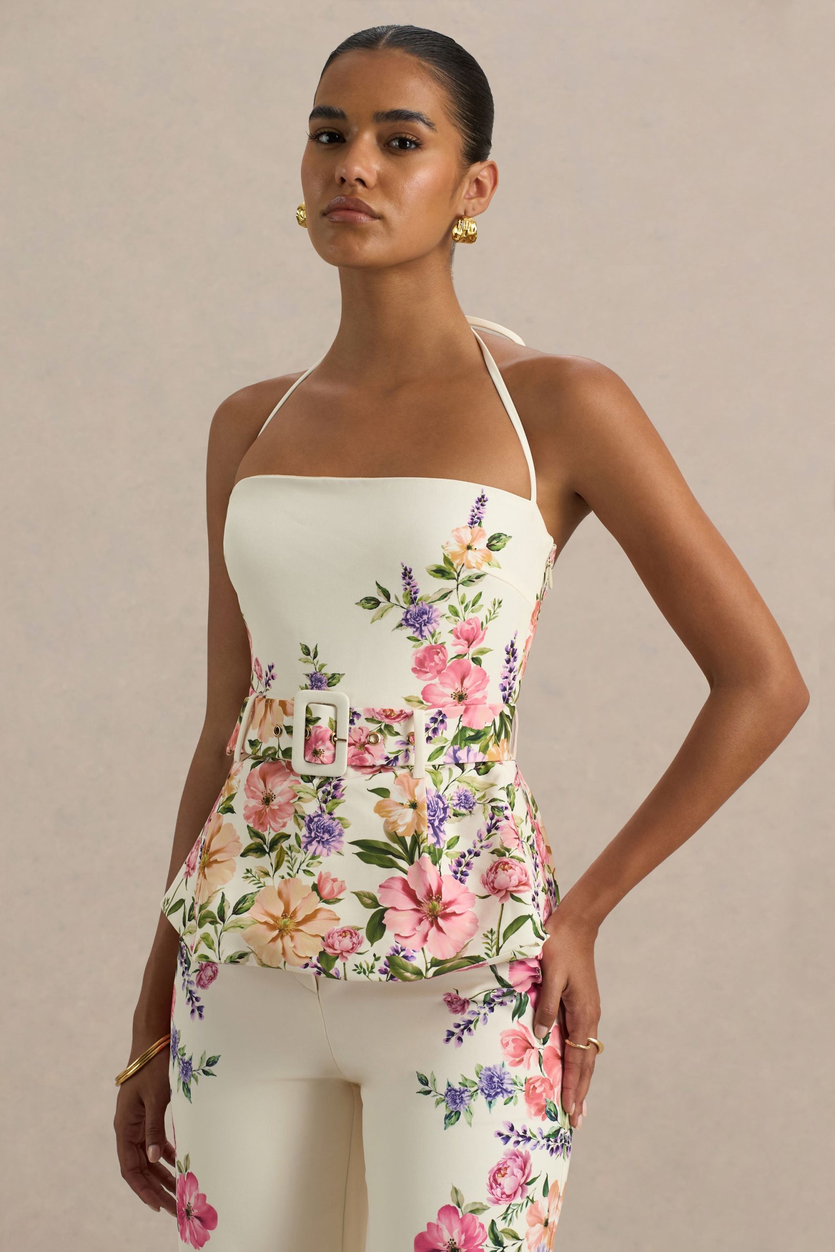 Maud | White Floral Border Print Square-Neck Tailored Top - Image 4