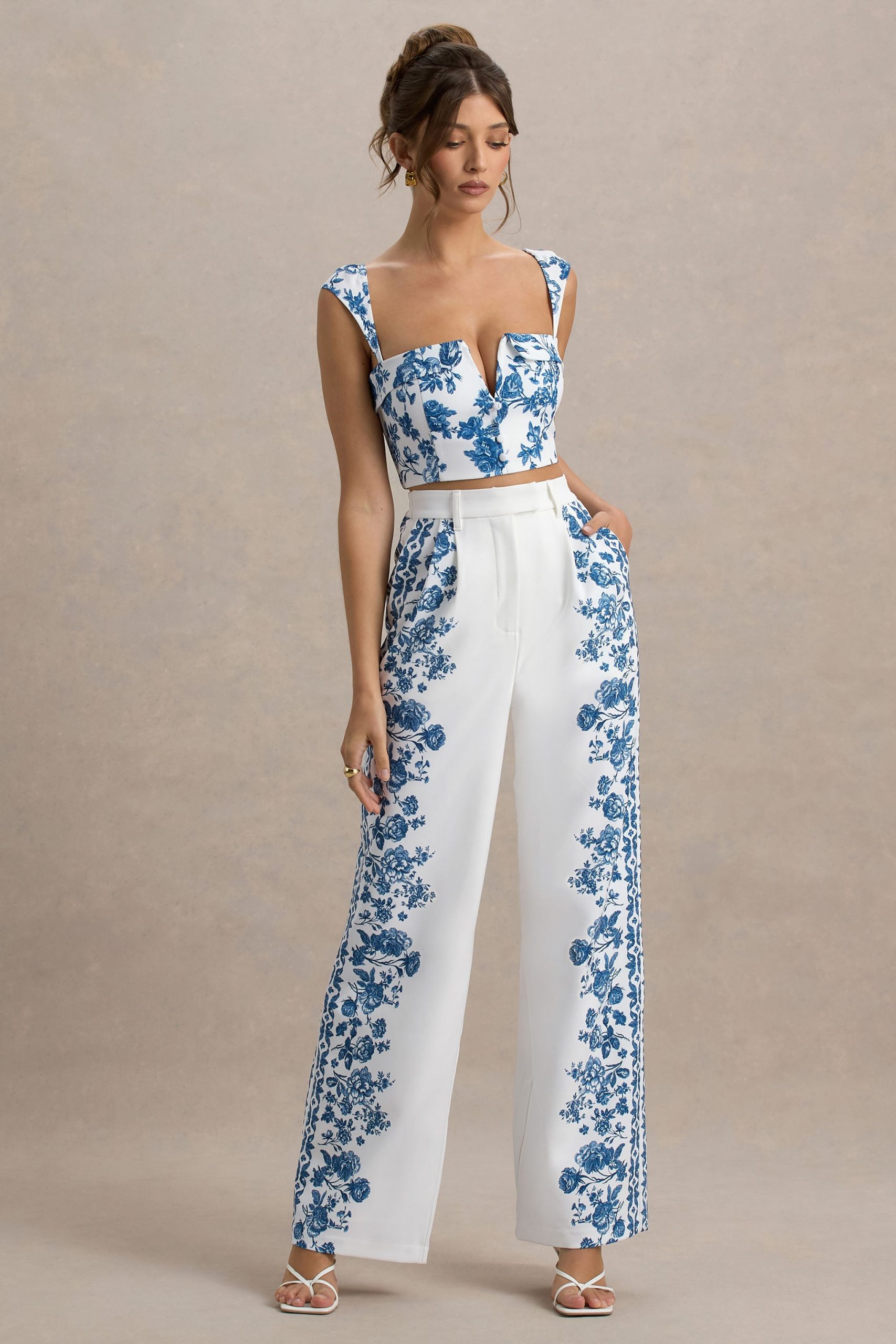 Zelie | Blue Porcelain Print Wide-Leg Trousers - Image 6