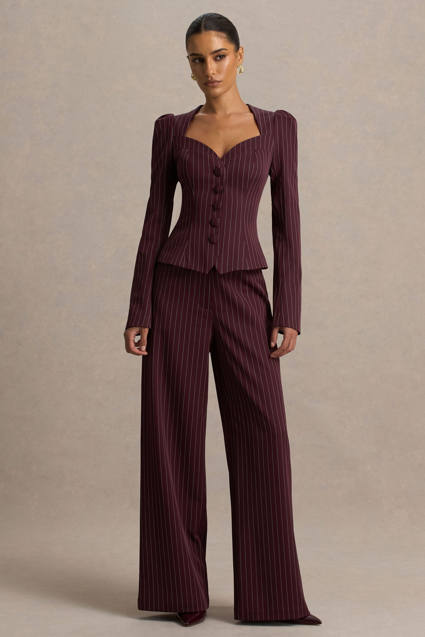 Asteria | Burgundy Pinstripe Wide-Leg Trousers - Image 5