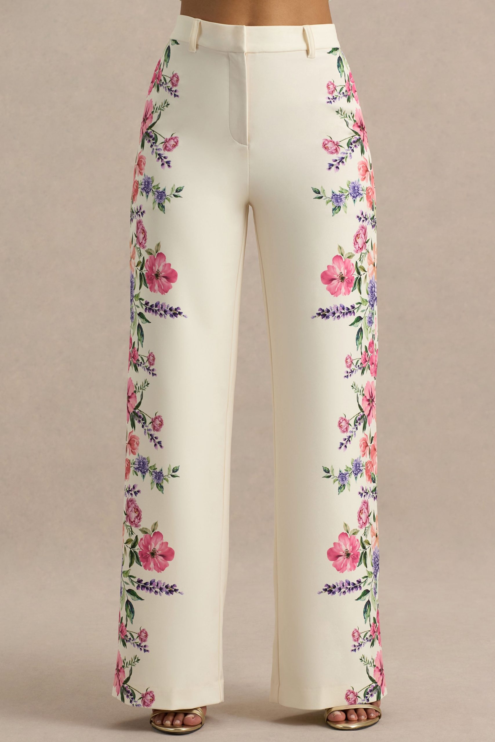 Solana | White Floral Border Print Wide-Leg Trousers - Image 3