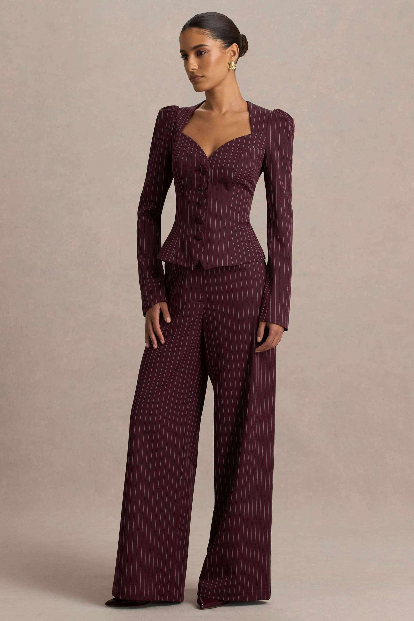 Asteria | Burgundy Pinstripe Wide-Leg Trousers - Image 6