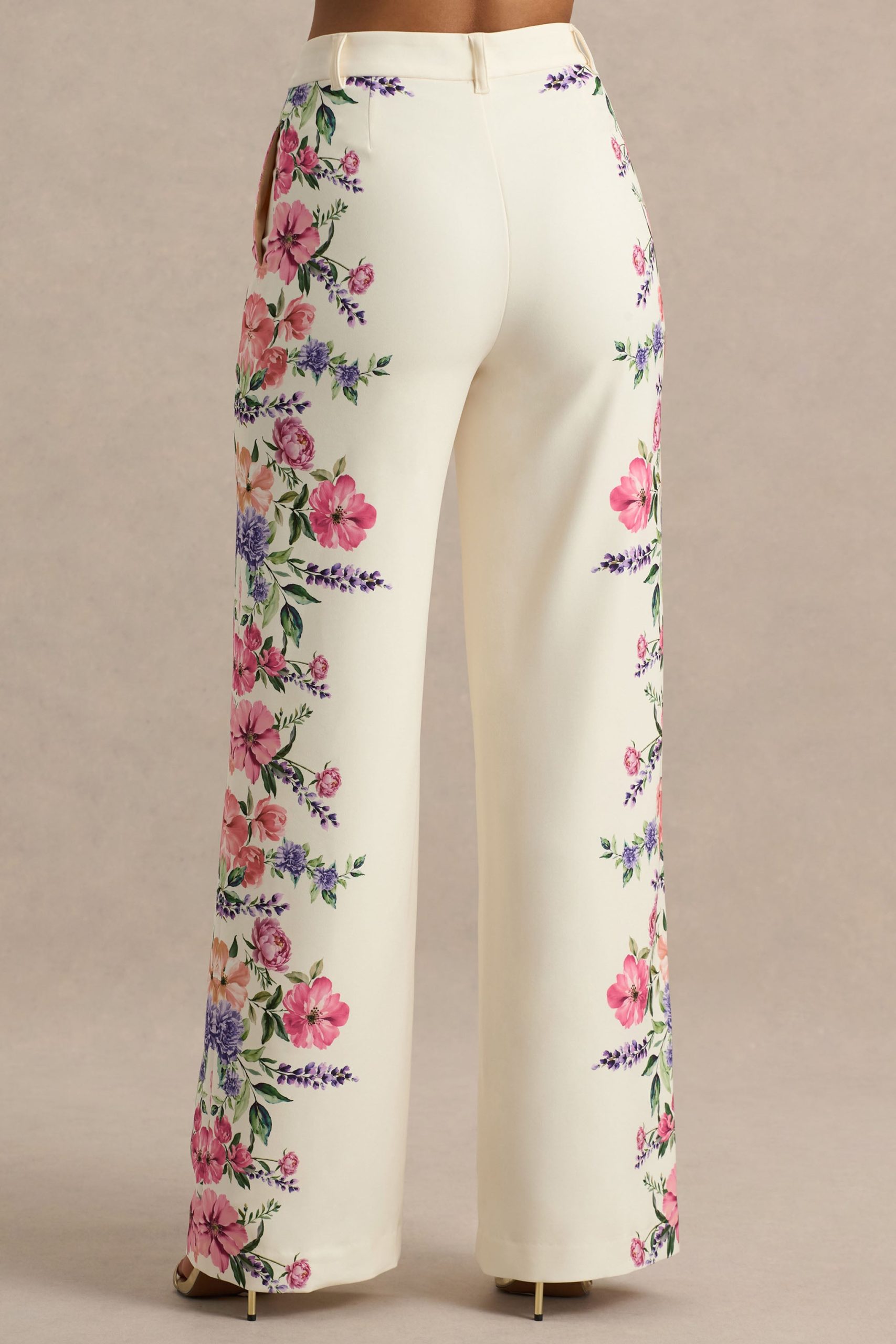 Solana | White Floral Border Print Wide-Leg Trousers - Image 4